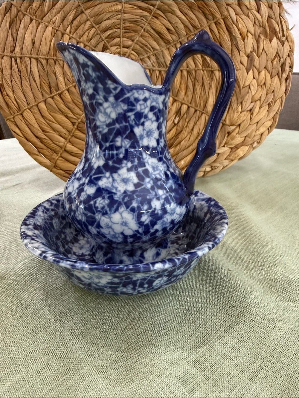 Antique Victorian Ware Vintage Blue Flow Chintz With Water Pitcher And Bowl